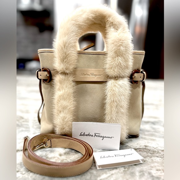 Salvatore Ferragamo Authentic Beige Fur/Suede Gancini Handbag/Shoulder - Picture 2 of 11